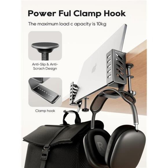 Adjustable vertical laptop stand desk mount space saving holder with bag hook - Picture 3 of 7